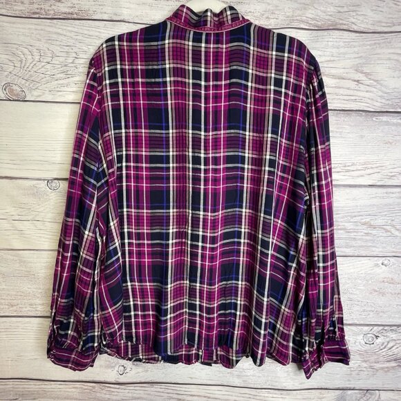 Chico's Women's Plaid  Flannel Top Size 4‎ (20/22) Ruffled Velvet Trim Collar - Picture 8 of 16